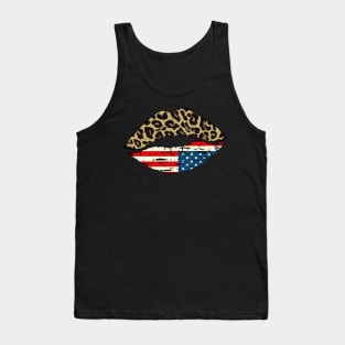 Leopard Patriotic Kiss,4th of July,American flag lips, Cheetah Pattern & American Kiss Tank Top